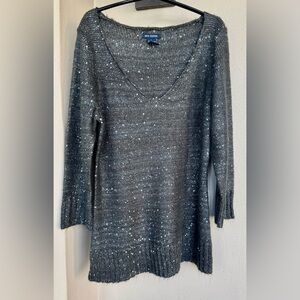 Max Edition Womens V-Neck 3/4 Sleeve Sweater Charcoal Gray Sequin Accents Large